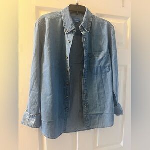 Blue Denim Button-Up Shirt with embroidered “Mother of the Bride” cuff.